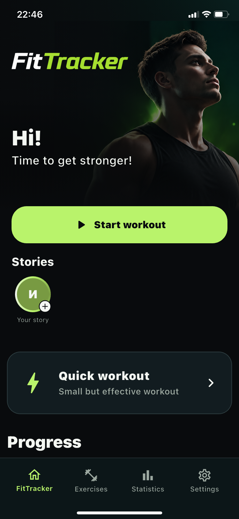 FitTracker home screen with a workout button, stories, and progress